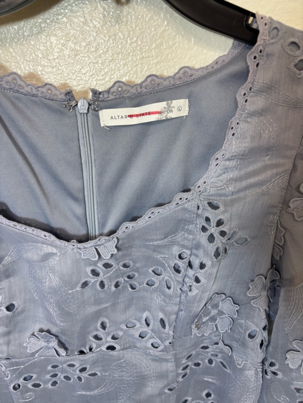 Altar'd State Light Lavender textured Floral Lace Long Sleeve Mini event Dress - Picture 7 of 8